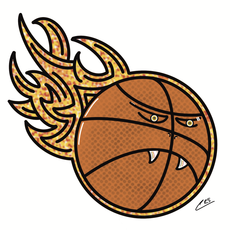 A digital illustration of a basketball on fire