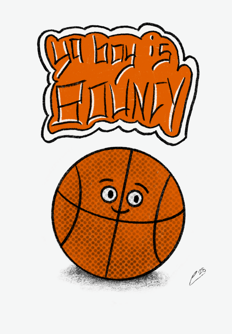A basketball art with graffiti style text above it that says 'Ya boy is bouncy'
