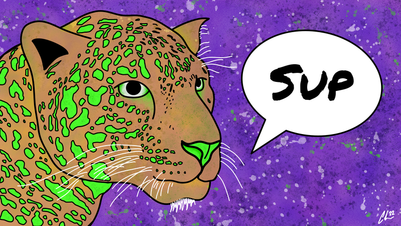 Neon green-spotted jaguar over a purple background saying sup. Supcat